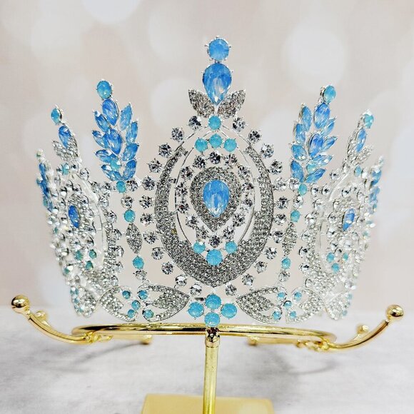 Wedding Bridal Crown, Princess Comb Crown, Silver Crystal Headdress, Blue Stone - Picture 1 of 8